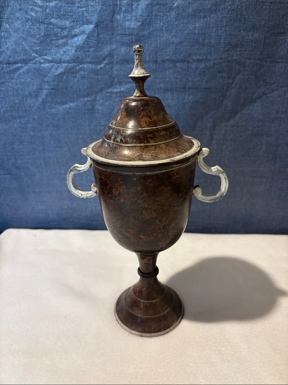 Antique-Style Lidded Trophy Cup in Dark Brown with Silver Handles